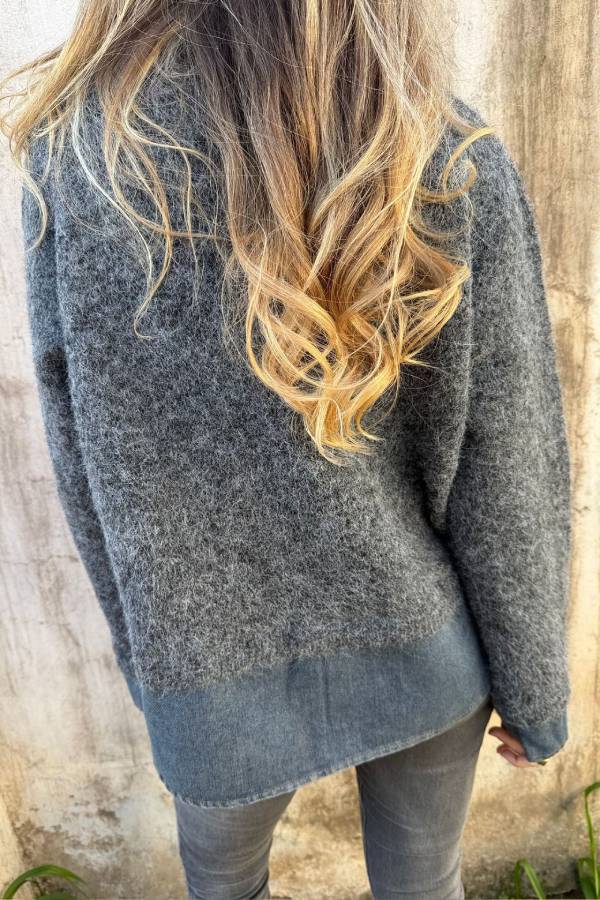 Denim Spliced Half Zip Faux-Not Two Piece Fluffy Sweater