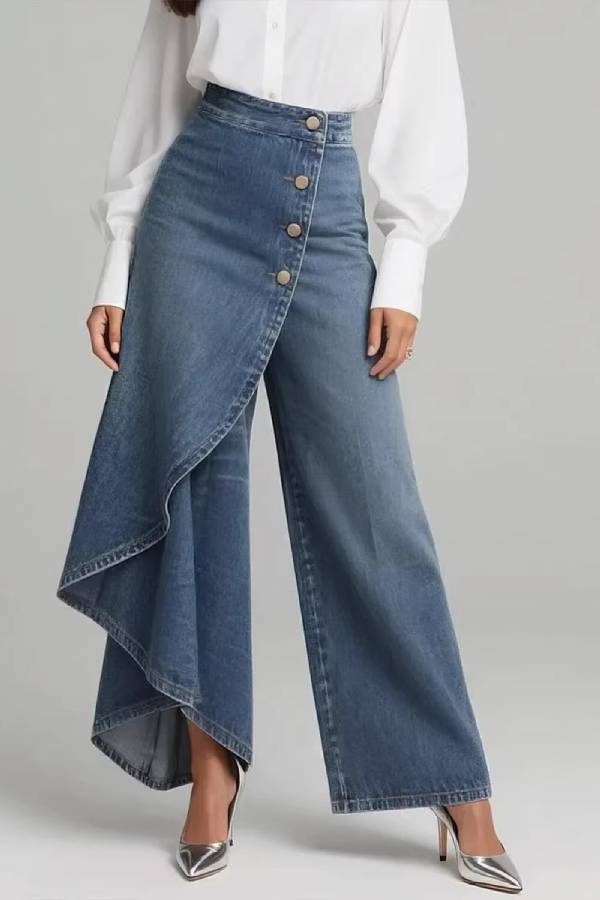 Asymmetric Overlay Button Wide‑Leg Culottes