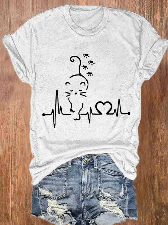 T-shirt imprimé chatons et battements de cœur pour femme