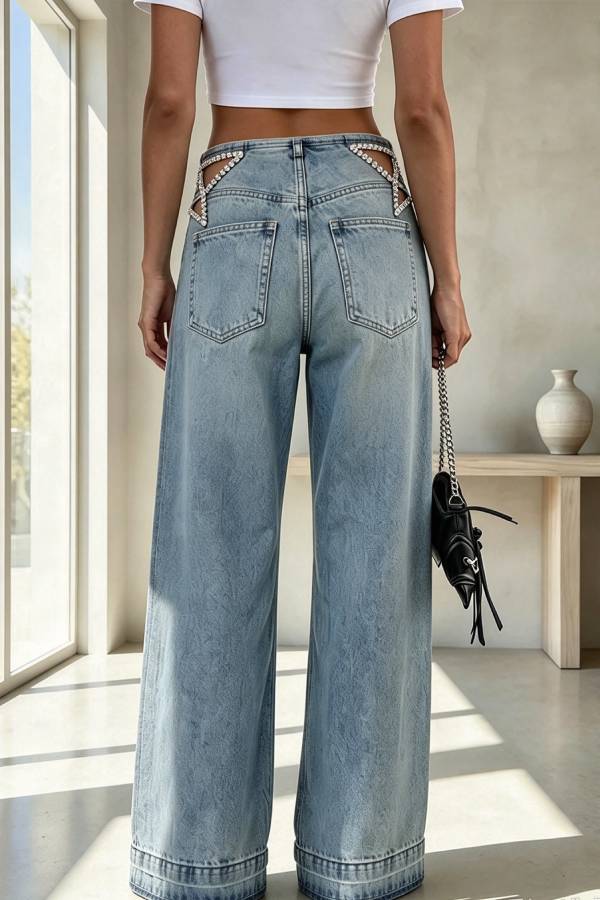 Denim Side Waist Rhinestone Embellished Star Cutout Pocket Straight Leg Jeans