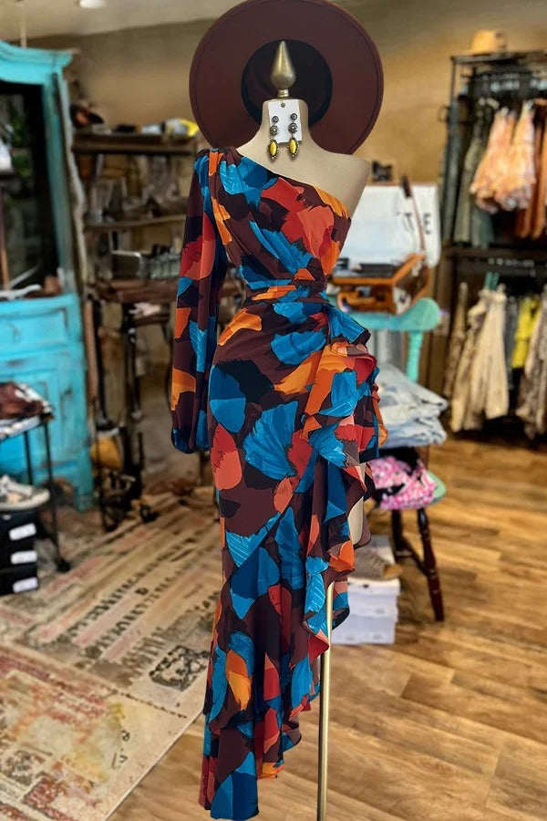 Contrast Color One Shoulder Cutout Ruffle Dress