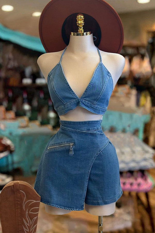 Vintage Washed Denim Knotted Top and Shorts Set