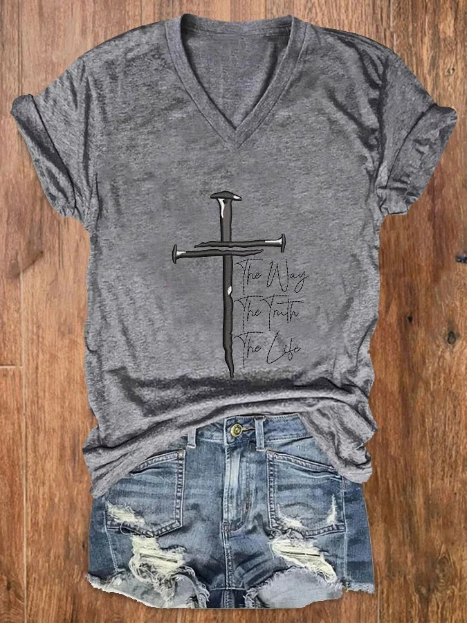 Women's Jesus The Way The Truth The Life Embroidered V Neck T-Shirt