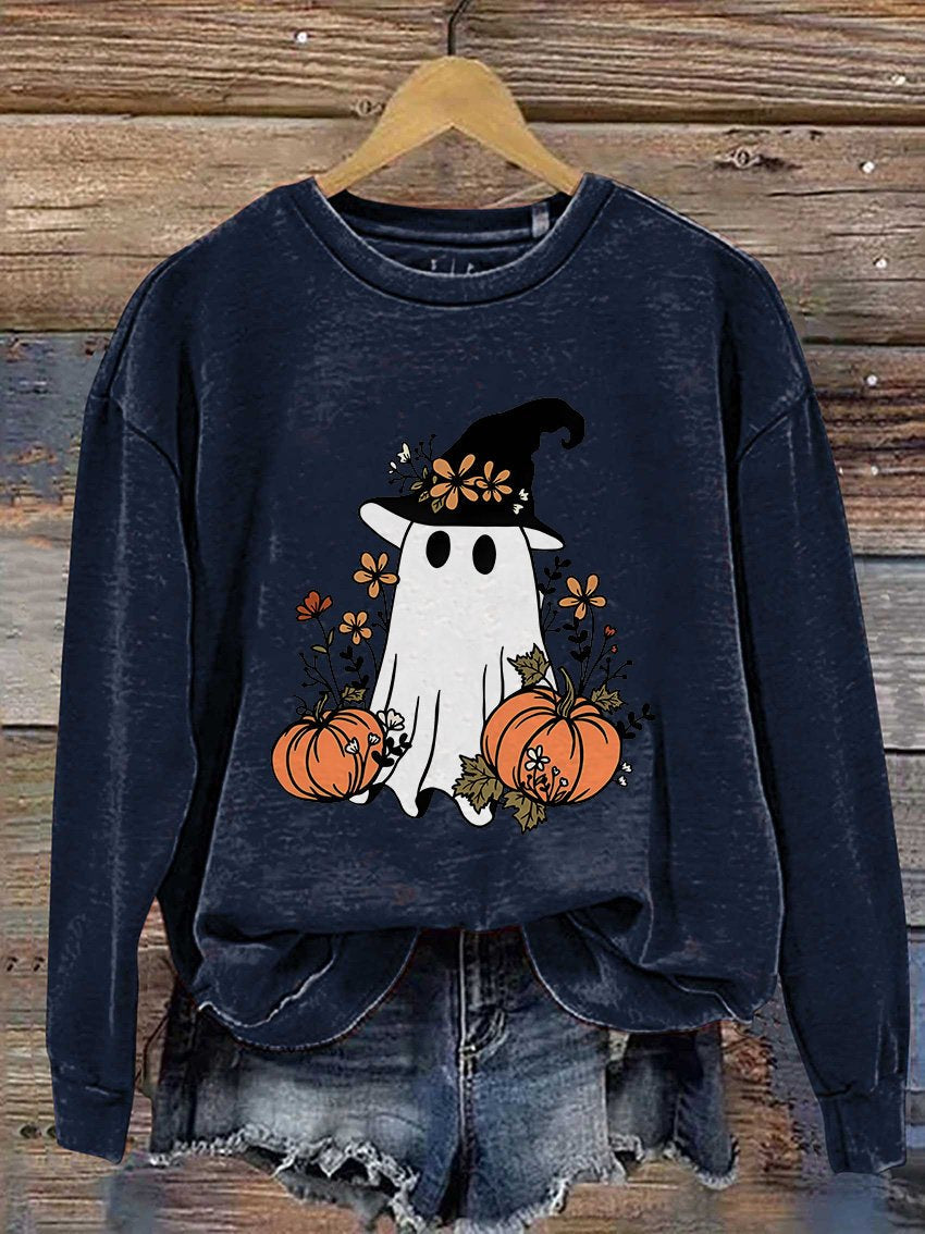 Sweat-shirt décontracté à imprimé fantôme effrayant pour Halloween