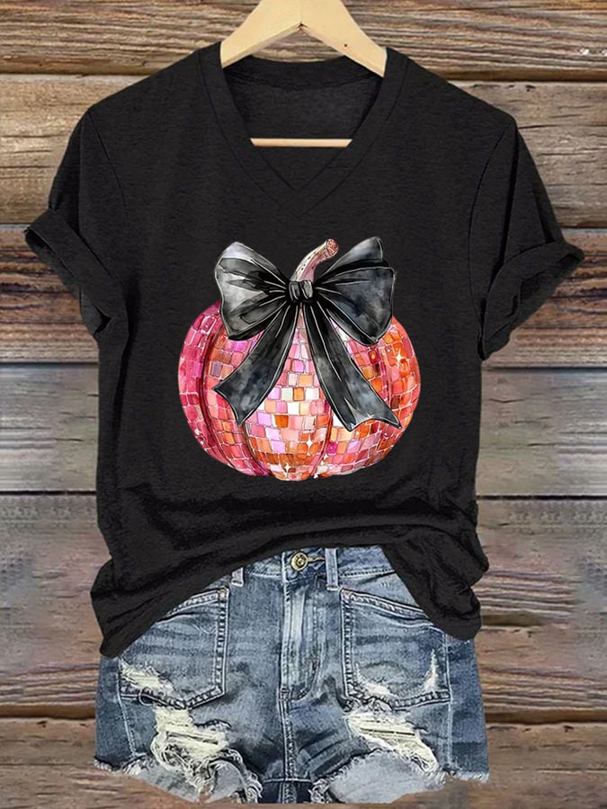 Women's Halloween Pink Sequined Pumpkin Print Casual T-Shirt