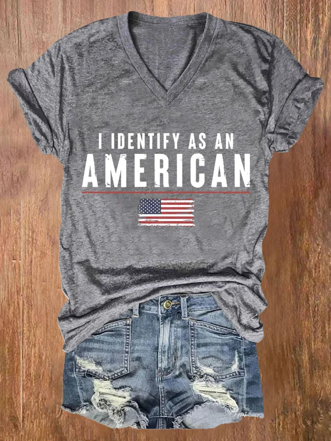 Women's I Identify As An American Print Casual V Neck T-shirt
