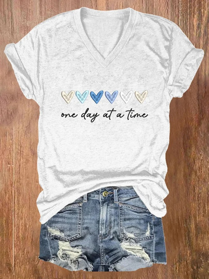 T-shirt brodé à manches courtes pour femme, « One Day At A Time »