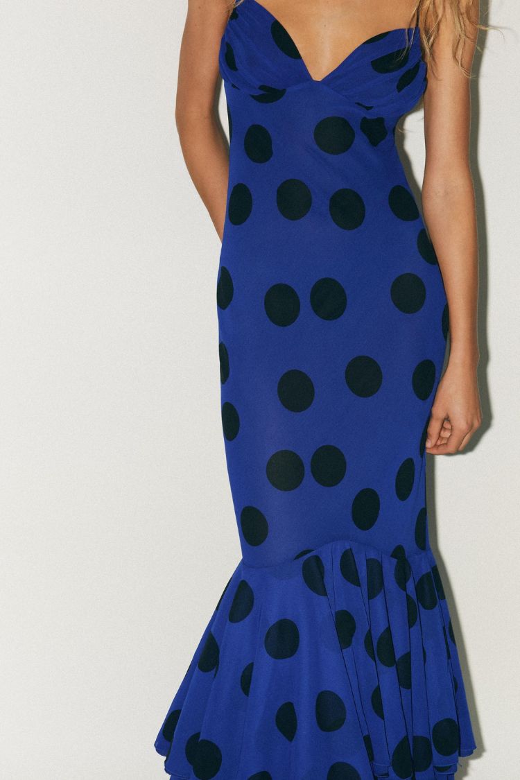 Eliora Mesh Polka Dot Print Gathered Bust Layered Fishtail Hem Maxi Dress