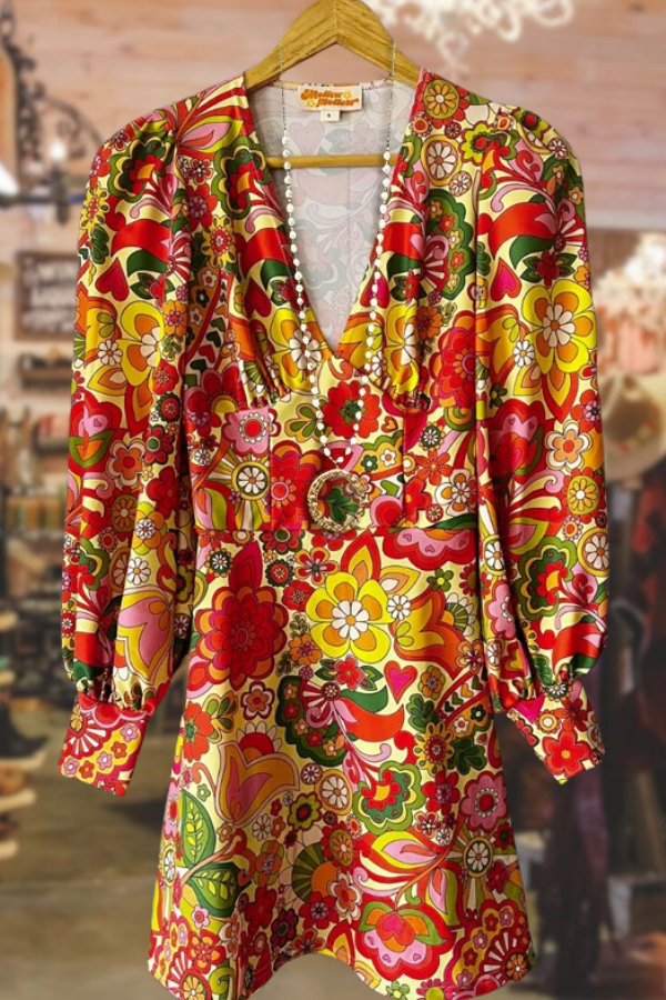 Mixed Floral Print V-Neck Long Sleeve Mini Dress