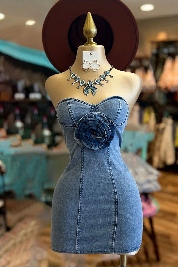 Flower Detail Denim Mini Dress