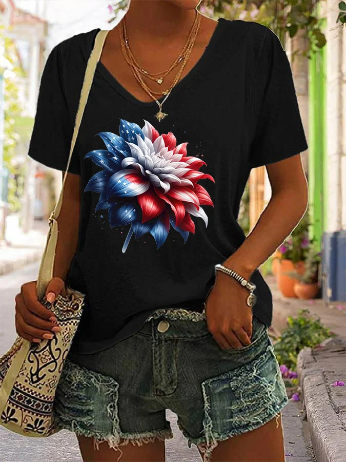 T-shirt col V à imprimé floral pour femme, fête de l'indépendance