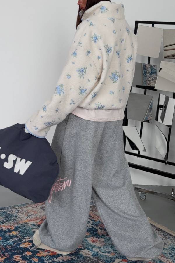 Blue Rose Floral Half Zip Sherpa Fleece Cropped Jacket