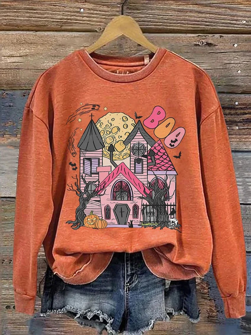 Sweat-shirt imprimé décontracté Castle Ghost Boo Halloween