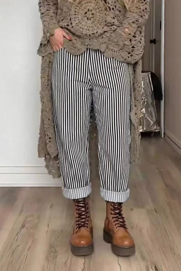 Striped High-Waisted Rolled-Hem Loose Straight-Leg Cropped Pants