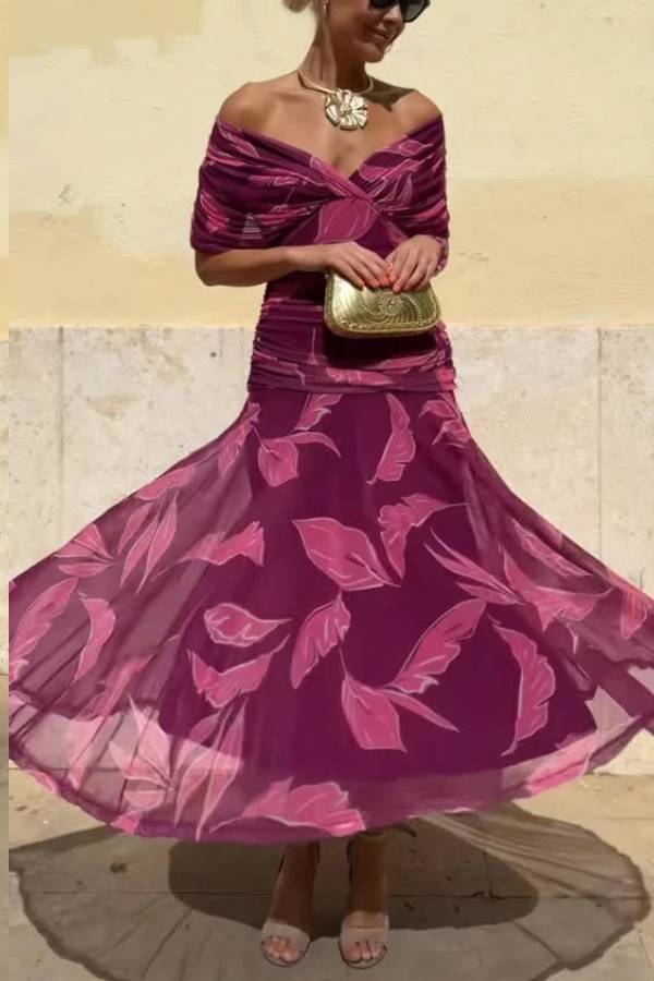 Elegant Off-Shoulder Ruched Leaf Print Maxi Dress