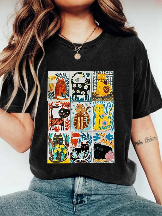 T-shirt décontracté à imprimé chat pour femme