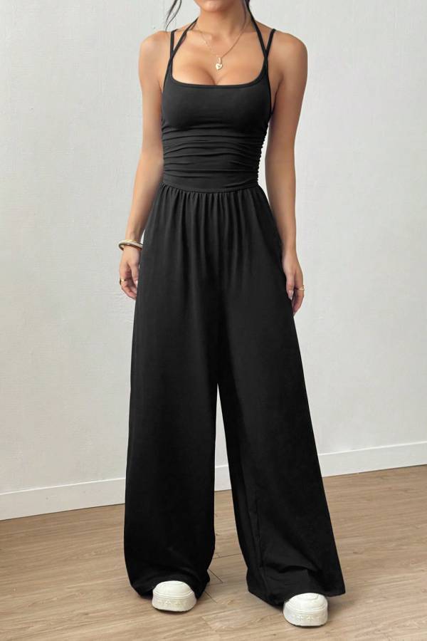Halter Spaghetti Strap Ruched Wide Leg Jumpsuit Square Neck High Waist Casual Romper