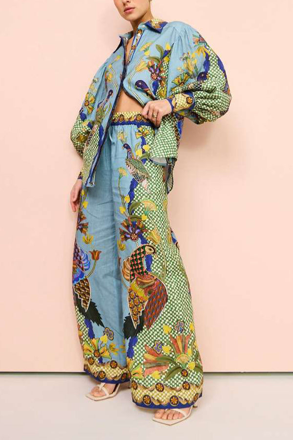 Sun Seeking Unique Heaven Bird Print Balloon Sleeve Button Loose Shirt