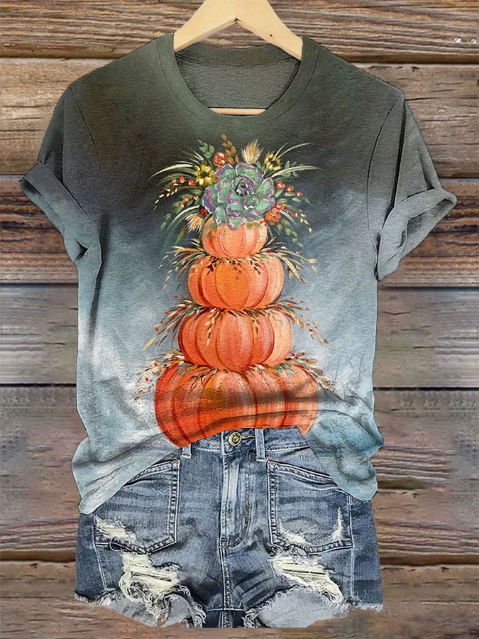 Women's Vintage Stacked Pumpkin Casual T-Shirt