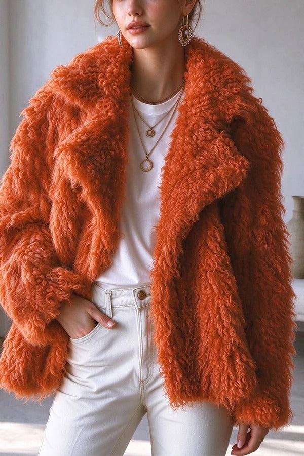 Warm Winter Teddy-style Curly Plush Long Sleeve Lapel Coat