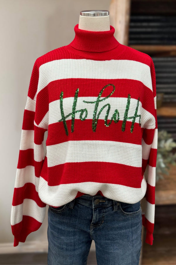 Stripe Turtleneck Sweater with Sequins Lettering