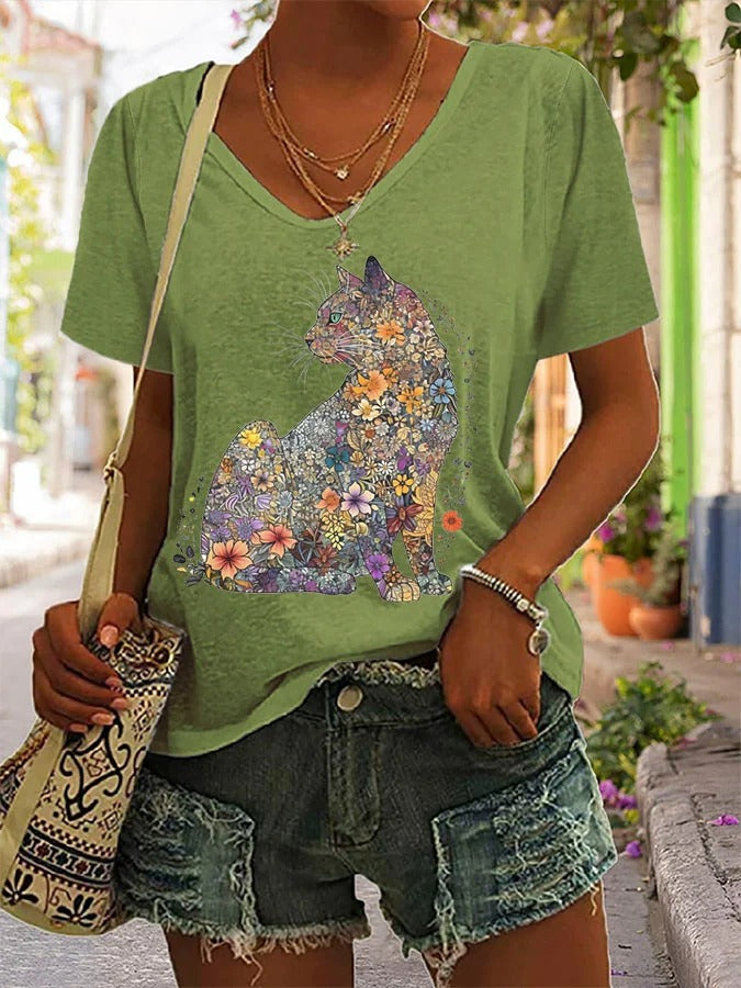 T-shirt imprimé chaton fleuri mignon pour femme