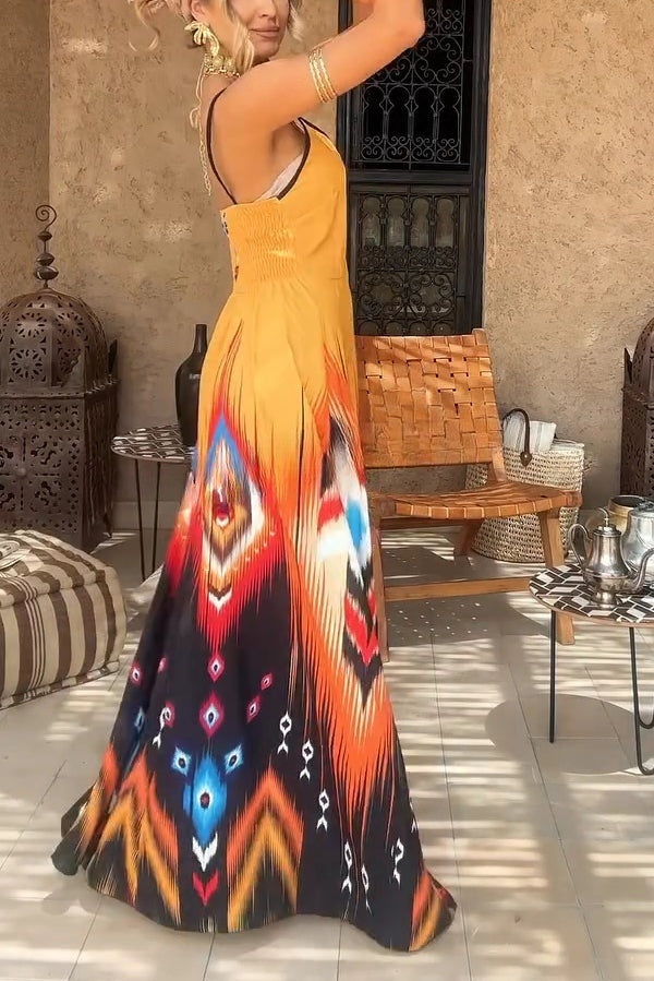 Unique Printed Suspender V-neck Loose Maxi Dress
