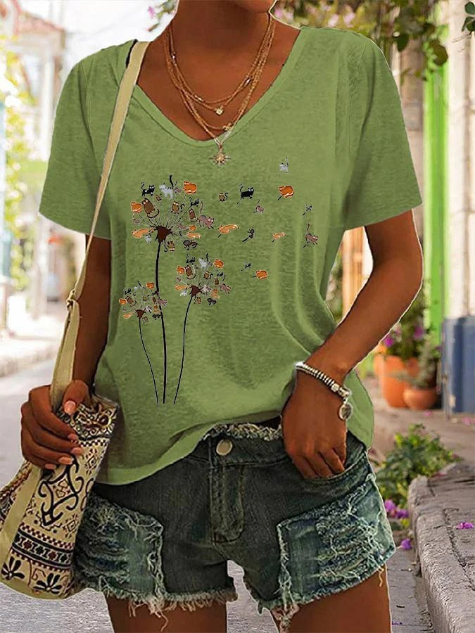 T-shirt col V imprimé chat fleur mouche pissenlit pour femme