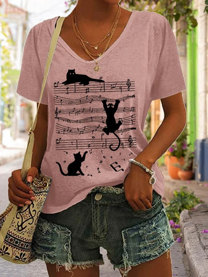 T-shirt col V décontracté à imprimé chat au piano pour femme