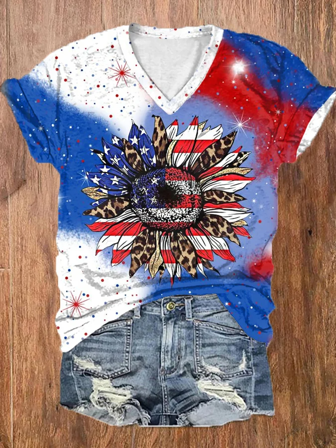 Women's Independence Day Red White Blue America Flag Sunflower Print Casual V-Neck Tee