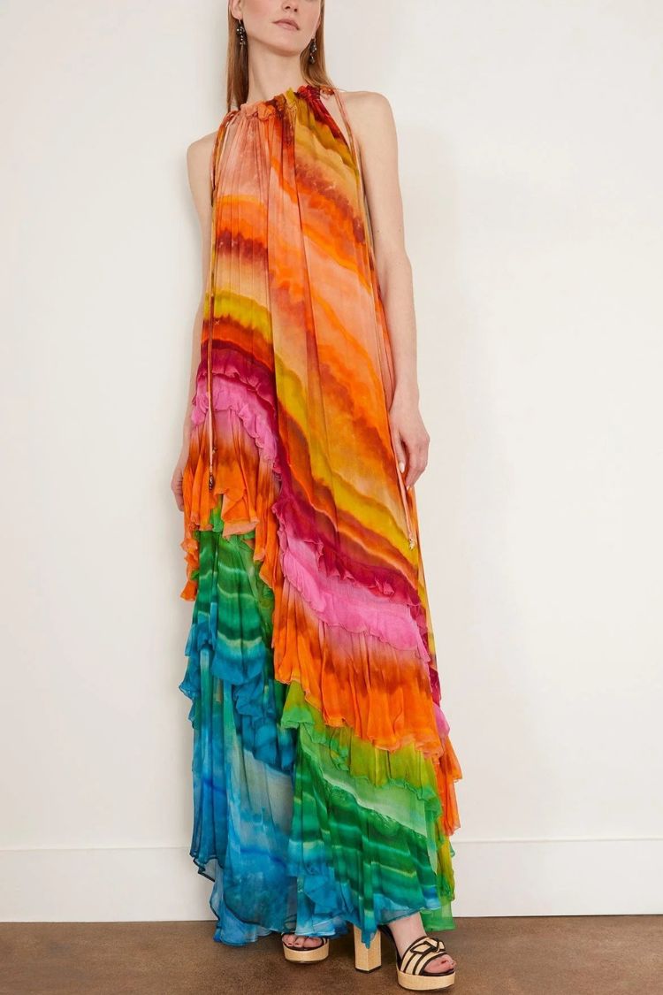 Rosha Georgette Crepe Tie-dye Print Layered Ruffles A-line Maxi Dress