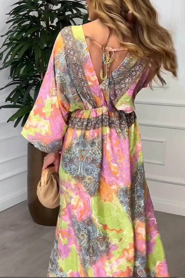Summer Bold Floral Print Elastic Waist Backless Slit Casual Maxi Dress