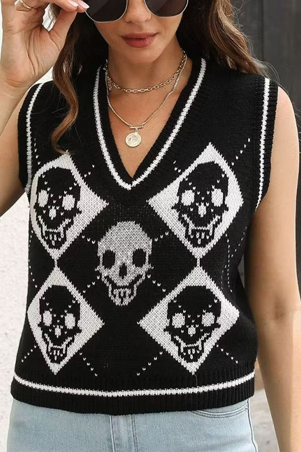 Halloween Skull Argyle Knit Sweater Vest