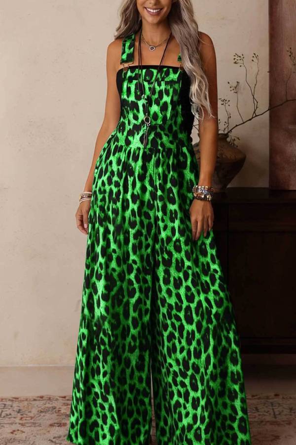 Colorful Leopard Print Adjustable Strap High Waist Wide Leg Jumpsuit