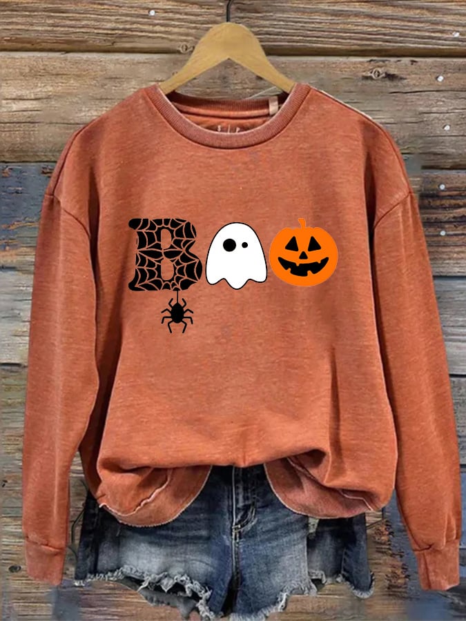 Sweat-shirt décontracté à imprimé Halloween Boo pour femme