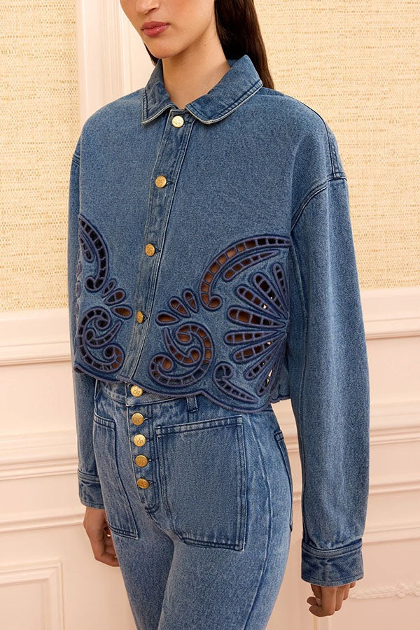 Karoline Denim Embroidered Flower Cutout Design Button Long Sleeve Jacket