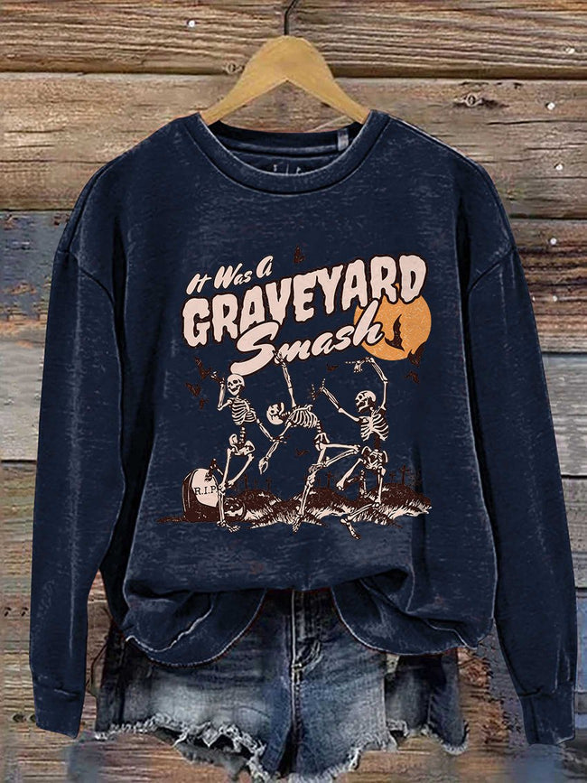 Retro Skeleton Halloween Casual Print Sweatshirt