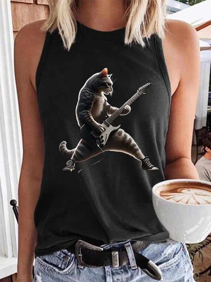 Gilet décontracté pour femme avec motif de chat rock jouant de la guitare
