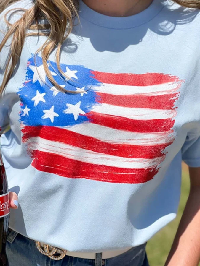 Women's Independence Day Watercolor Patriotic Flag Print T-Shirt