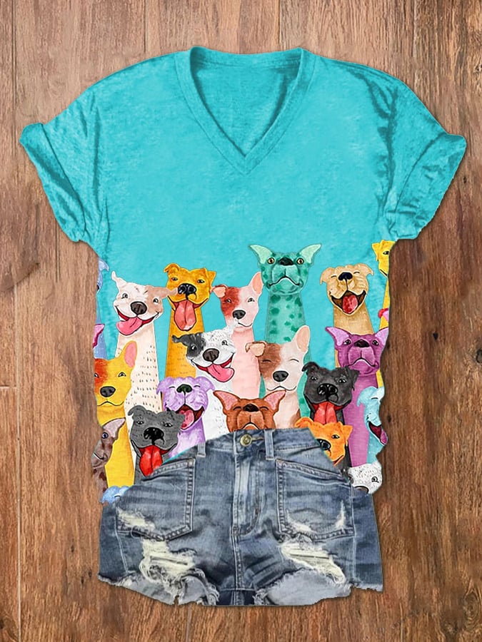 T-shirt col V imprimé chiens colorés et amusants pour femme