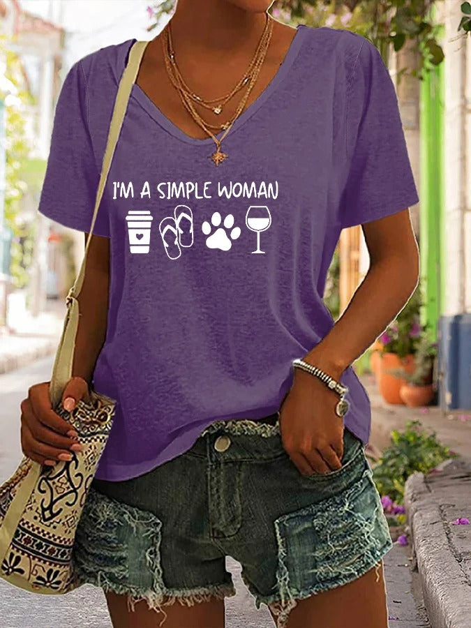T-shirt décontracté à col en V pour femme avec imprimé pattes de chien « I'm A Simple Woman »