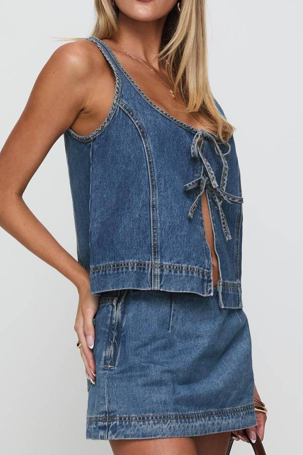 Denim Tie‑Front Vest & Mini Skirt Two‑Piece Set