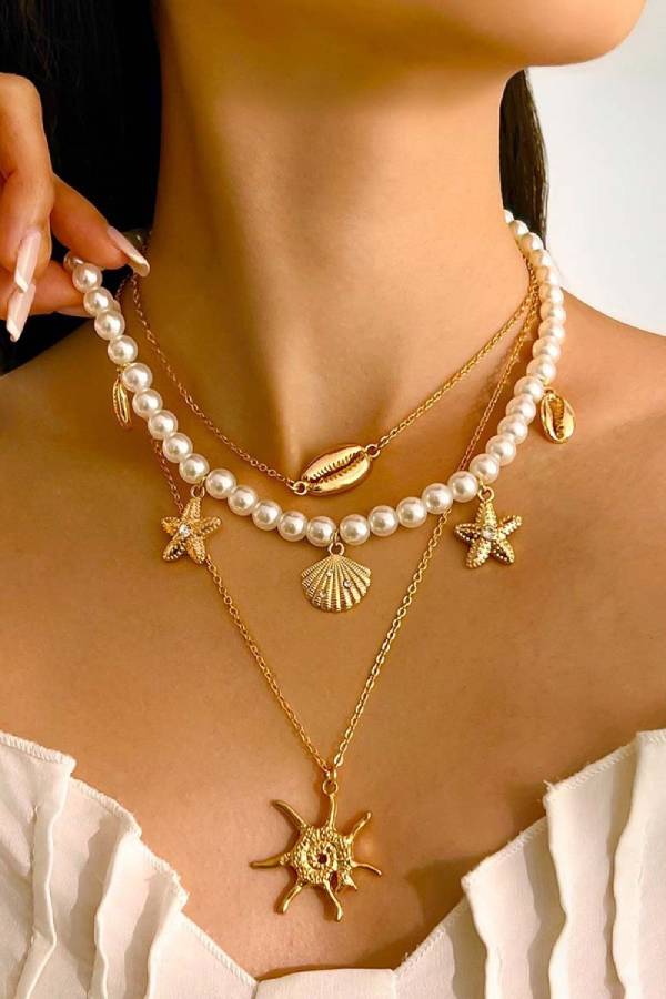 Bohemian Imitation Pearl Holiday Style Retro Starfish Shell Pendant Necklace Set