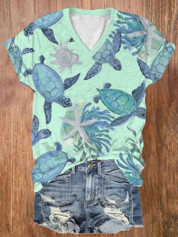 T-shirt décontracté à col en V et imprimé tortue hawaïenne pour femme