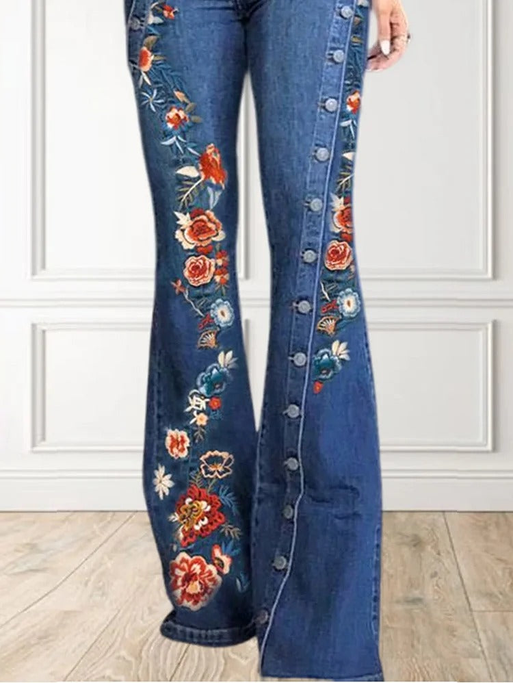 UR Fashion Denim Floral Embroidery Button Flare Leg Jeans