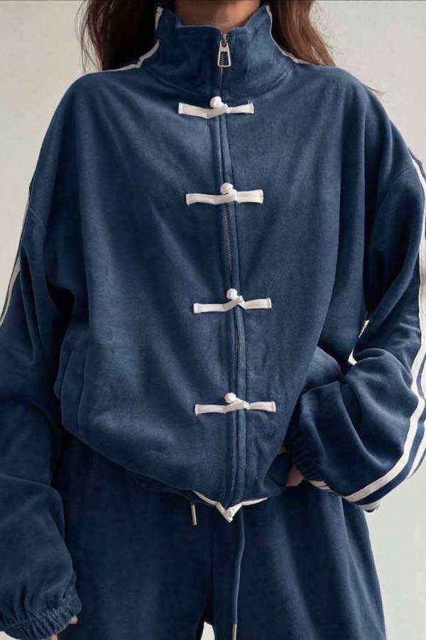Chinese Frog Button Striped Tracksuit Two‑Piece Set