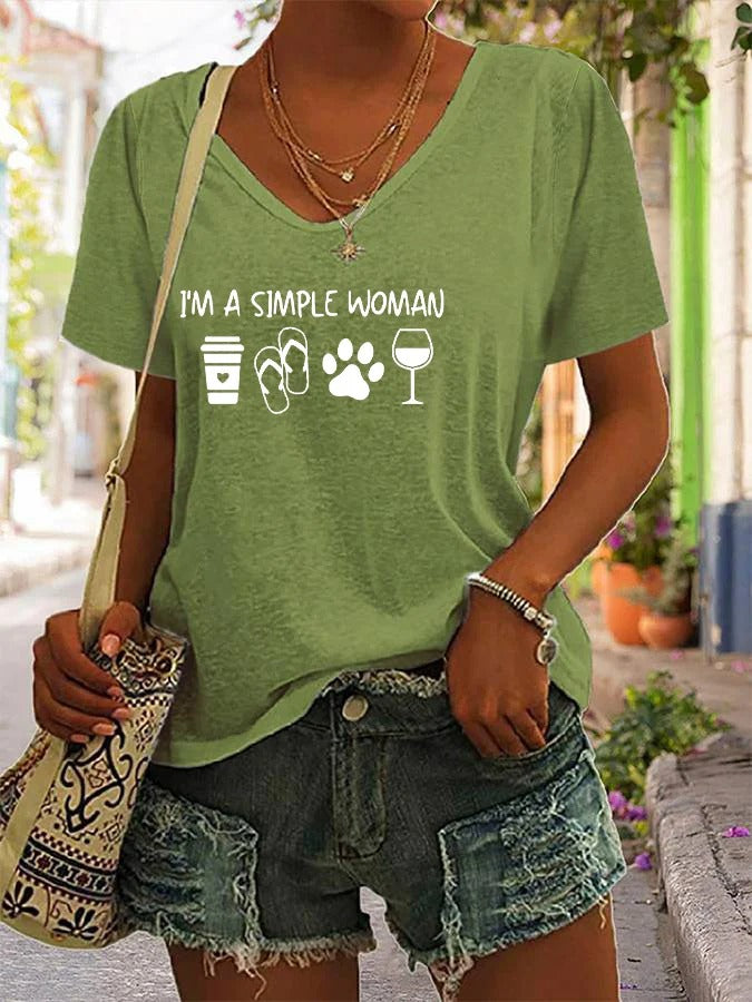 T-shirt décontracté à col en V pour femme avec imprimé pattes de chien « I'm A Simple Woman »