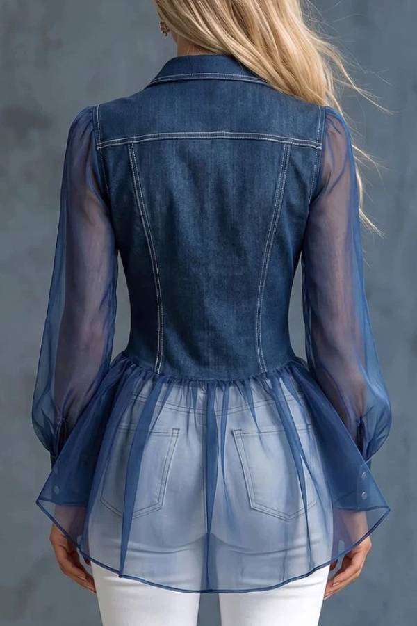 Spliced Sheer Organza Waist-Cinched Ruffle Hem Denim Shirt Top