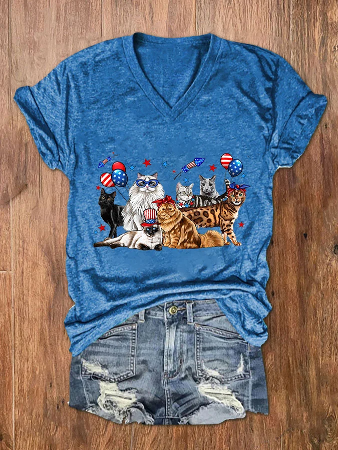 T-shirt col V imprimé chats pour femme, fête de l'indépendance