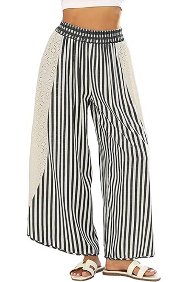 Striped Eyelet Patch Elastic Waist Vacation Wide Leg Cropped Pants